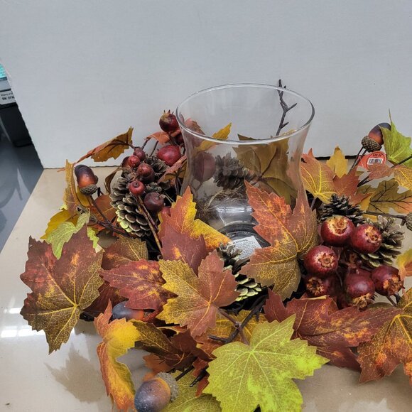Fall faux leaf berry twigs flower harvest twig ring candle holder table decor - Picture 2 of 5